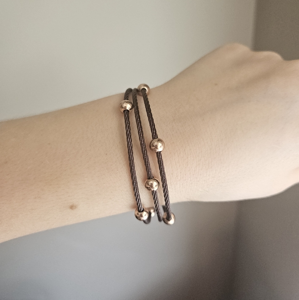 Stainless Steel Rose Gold and Brown Wire Bracelet